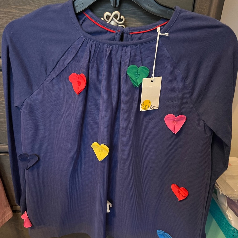 New! Mini Boden Starboard Blue Flutter Hearts girls 11-12yr long sleeve top NWT